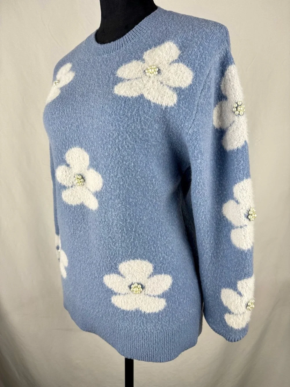 Emma’s Expressions Floral Embellished Blue Crewneck Sweater - Picture 3 of 6